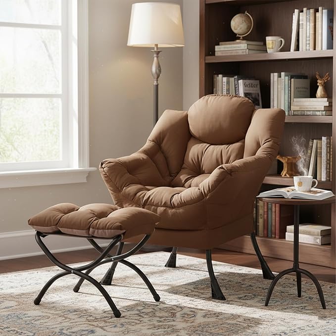 Welnow Lazy Chair with Ottoman, Modern Lounge Accent Armchair with Armrests and a Side Pocket, Leisure Sofa Armchair Set, Reading Chair with Footrest for Small Space, Dark Brown