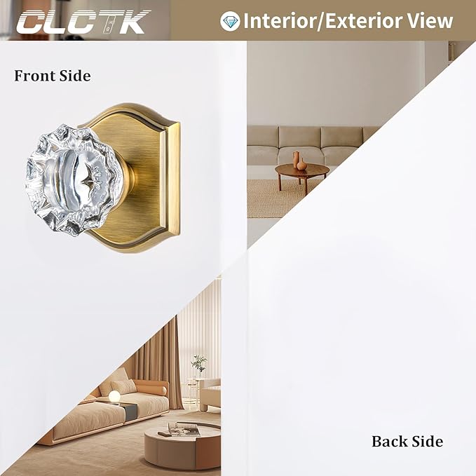 CLCTK 4 Pack Crystal Glass Dummy Door Knob, Single Side Dummy Door Knob Set for Interior Doors in Antique Brass