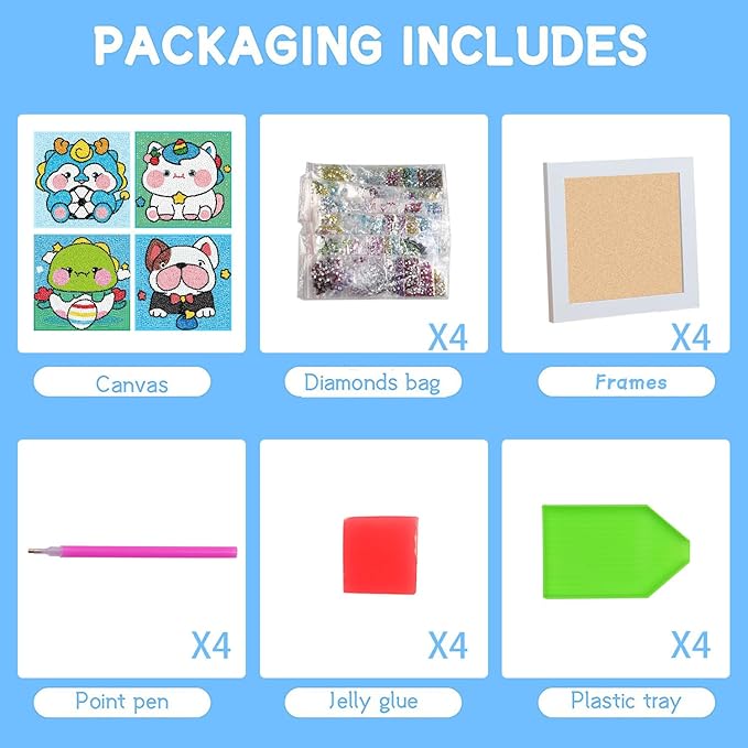 FQOVKYN 4 Pcs Cute Animals Diamond Art Kits for Kids Age 6-12, DIY Cartoon Dinosaur Diamond Art Painting for Adults Beginner, 5D Kids' Mosaic Kits Full Round Drill Gem Art for Kids 6X6 inch