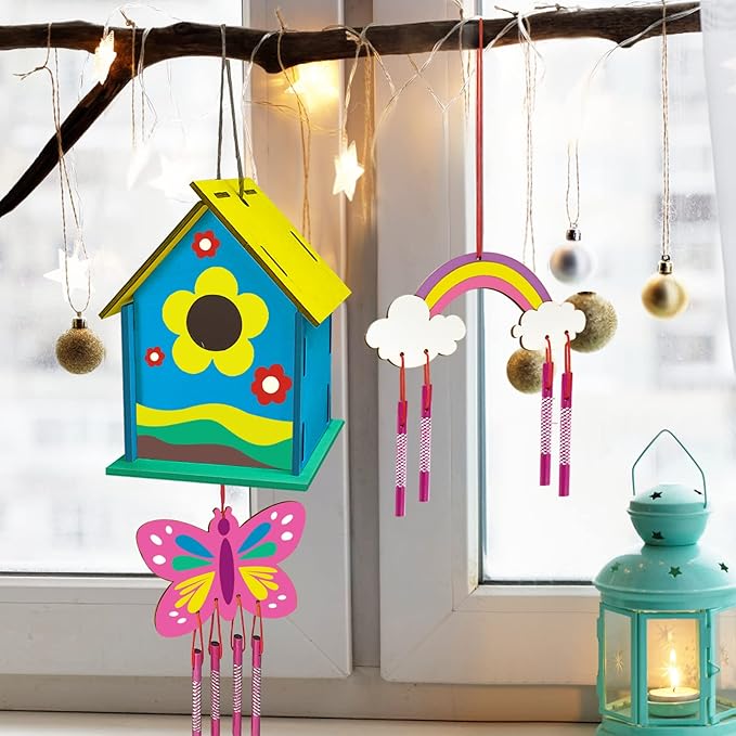 Crafts for Kids Ages 4-8 - 4 Pack DIY Bird House Wind Chime Kit - Build and Paint Birdhouses Wooden Arts Kits Easter Basket Stuffers Gifts for Girls Kids Boys Toddlers Ages 3-5 4-6 6-8 8-12