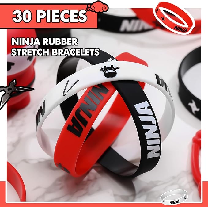 30 Pieces Ninja Silicone Wristbands Bracelets Samurai Rubber Bracelets Ninja Party Favors Bracelets Ninja Warrior Stretch Wristbands for Ninja Warrior Theme Party Favors Goody Bag Supplies, 3 Colors