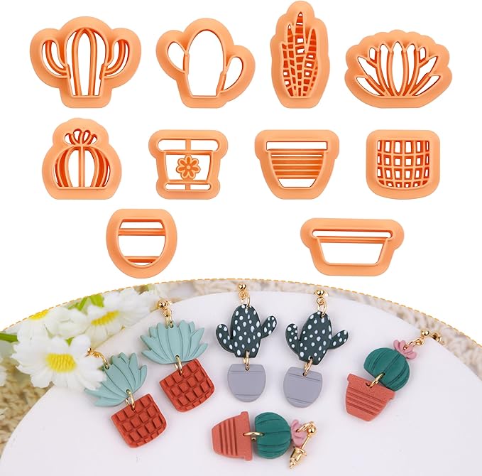 Puocaon Potted Plant Clay Cutters - 10 Pcs Cactus Clay Cutters for Polymer Clay Earrings, Embossing Clay Cutters for Polymer Clay Jewelry Making, 3D Print Flower Pot Polymer Clay Jewelry Cutters