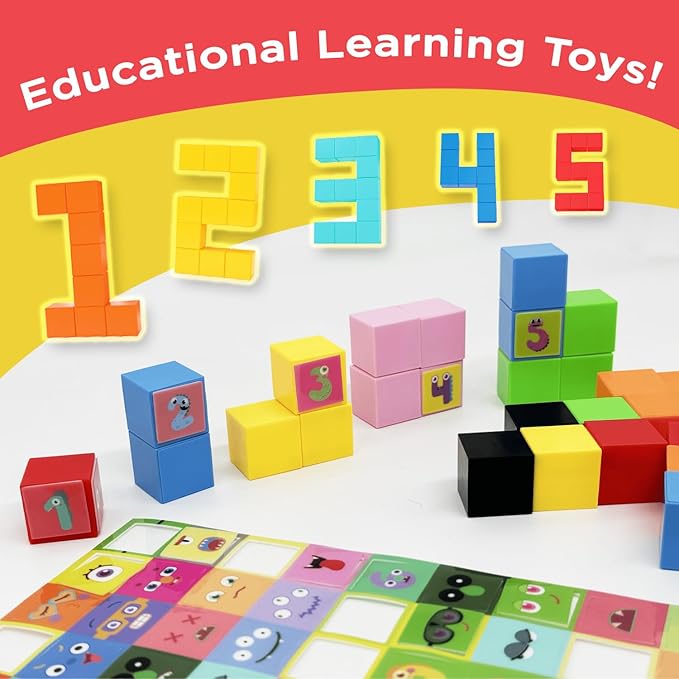 Magnetic Blocks for Kids Ages 4-8, 56 Magnetic Building Cubes & 54 Educational Stickers, STEM Magnet Cube Toy for Boys & Girls. Magnetic Cubes for Learning & Creative Play - Birthday