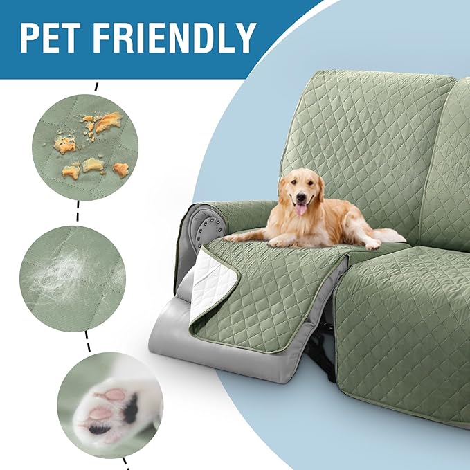 H.VERSAILTEX 100% Waterproof Recliner Sofa Cover Recliner Couch Cover for 3 seat Non Slip Reclining Couch Cover for Dog Washable Furniture Protector with Elastic Straps(Recliner Sofa, Pale Aqua)