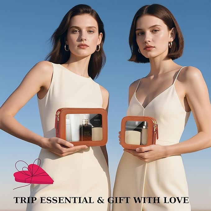 MSTONAL Clear Makeup Bag, Travel Toiletry Bag Cosmetic Case for Women, Waterproof Portable Make Up Skincare Pouch with Zipper, Compact Car Organizer Bag for Essentials, Mini & Medium, Brown