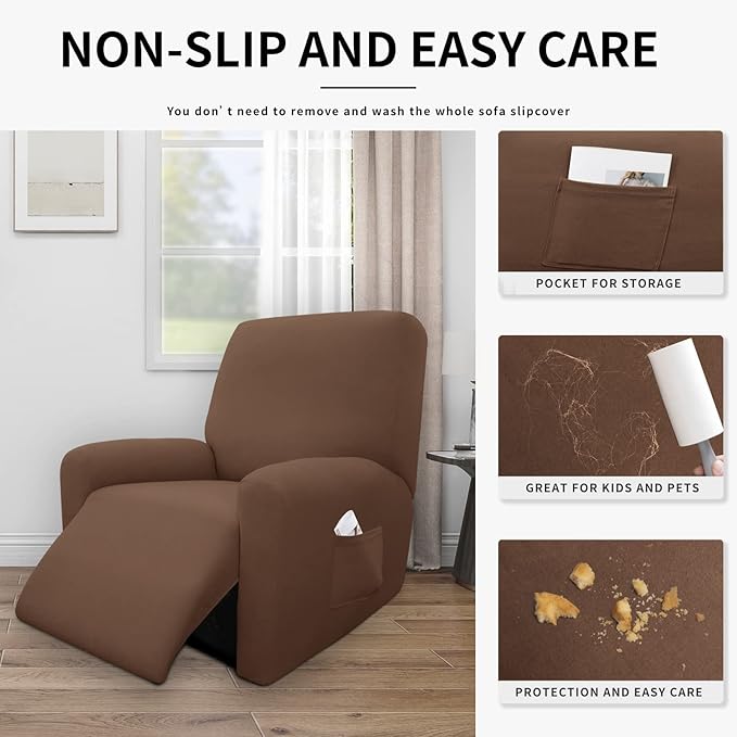 Easy-Going 100% Dual Waterproof Recliner Cover Stretch Soft Couch Cover for Dogs, Sofa Slipcover for Recliner Couch Leakproof Furniture Protector for Kids, Pets Brown