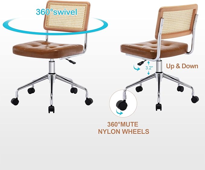 Zesthouse Mid Century Home Office Chair Leather Desk Chair with Rattan Back, Vanity Chair for Girls Women, Upholstered Swivel Chair, Adjustable Height Computer Task Chair