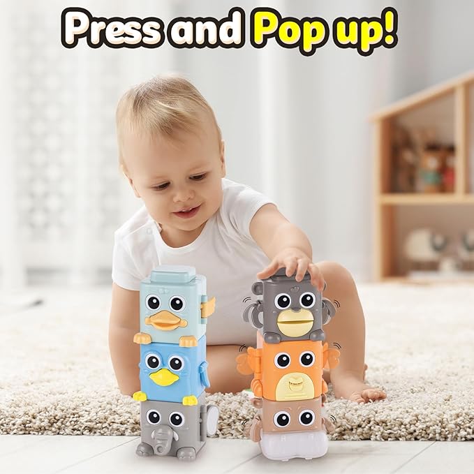 Stacking Toys for Toddlers, 6 Pcs Cause and Effect Toys Animal Push Game, Sensory Montessori Fine Motor Skills Fidget Toys for Ages 2 3 4 5 6 Year Old Boys Girls Kids Birthday Gifts