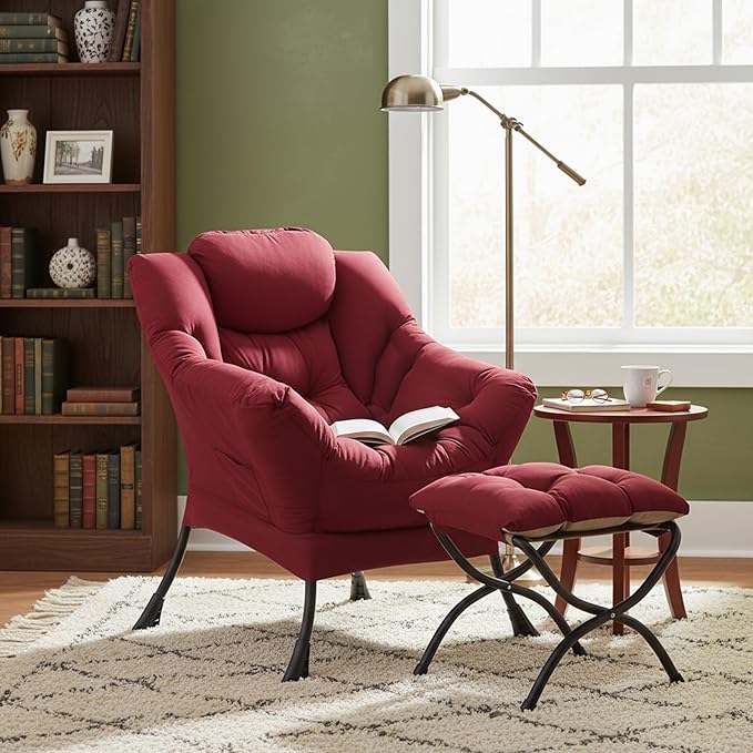 Welnow Lazy Chair with Ottoman, Modern Lounge Accent Chair with Armrests and a Side Pocket, Leisure Sofa Armchair, Reading Armchair with Footrest for Small Space, Burgundy