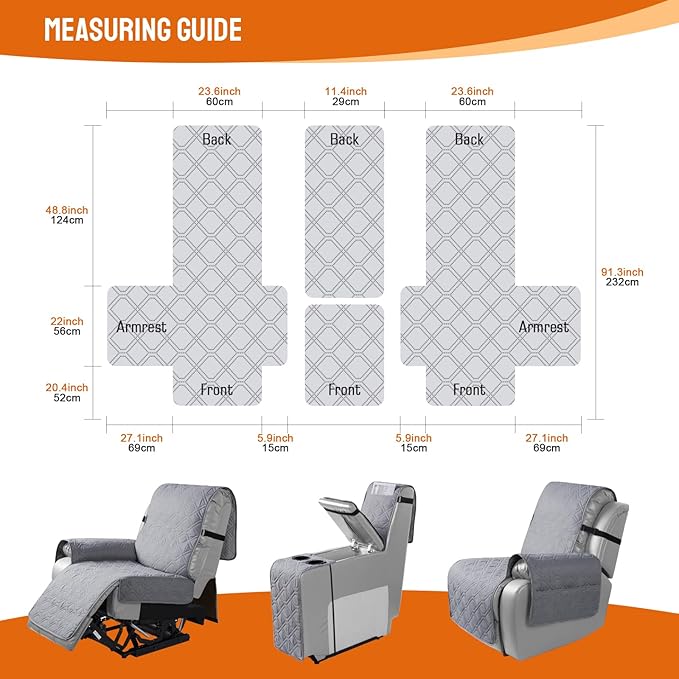 VANSOFY Loveseat Recliner Cover with Console 100% Waterproof Sofa Slipcovers Non-Slip Reclining Couch Cover Split Sofa Covers Furniture Protector for Pets, Dogs(Light Gray)