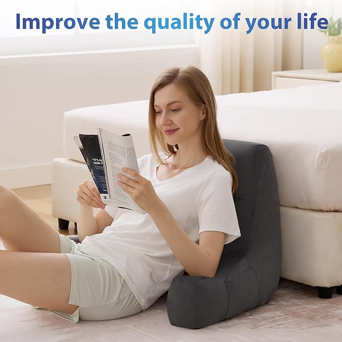 Back Pillow for Bed Sitting up, Reading Pillow for Sitting in Bed Adult, Back Support Pillow, Memory Foam Sit up Lounge Backrest Pillow with Arms for TV, Couch, Chair, Dorm, 18 Inch, Grey