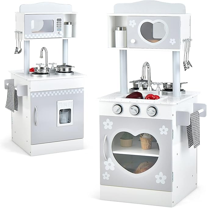 HONEY JOY Kids Kitchen Playset, Double Side Little Chef Play Kitchen for Toddlers, Oven & Sink, Ice Cube Dispenser, Utensils, Microwave, Storage Cabinet, Wooden Pretend Play Toy Kitchen Set, Gray