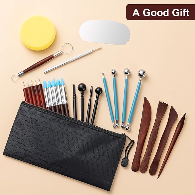 Amrules Clay Tools Kit, 27 PCS Red Pottery Tools, Practical Polymer Clay Sculpting Tools Kit, Air Dry Clay Tools Set for Adults, Pottery Craft, Dotting, Carving, Drawing, Molding, Modeling, Shaping