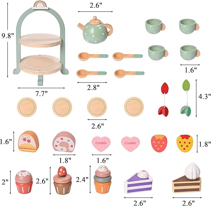 27pcs Wooden Tea Set for Little Girls, Toddler Tea Set Wooden Toys Play Kitchen Accessories with Cupcake Stand, Kids Tea Party Set Pretend Play Food Birthday Gift Playset