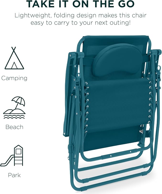 Best Choice Products Oversized Zero Gravity Chair, Folding Outdoor Patio Lounge Recliner w/Cup Holder Accessory Tray, Pillow - Peacock