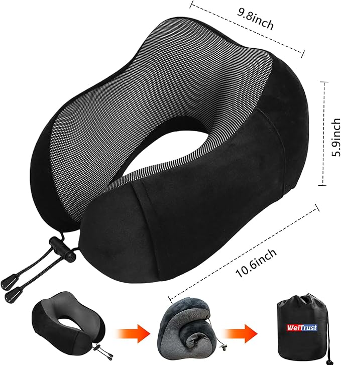 WeiTrust Travel Neck Pillow with Memory Foam - Ergonomic Support, Adjustable Buckle, Includes Eye Mask & Ear Plugs, Machine Washable Cover for Flights, Car & Office(Black)