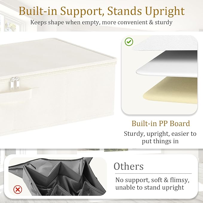 Yawinhe Foldable Underbed Storage Bags, Containers Bin with Lids, Large Under Bed Organizer Box, with Sturdy Zipper und Label Holders, for Clothing, 31.5''Lx15.7''Wx6''H, 4 Pack, Beige