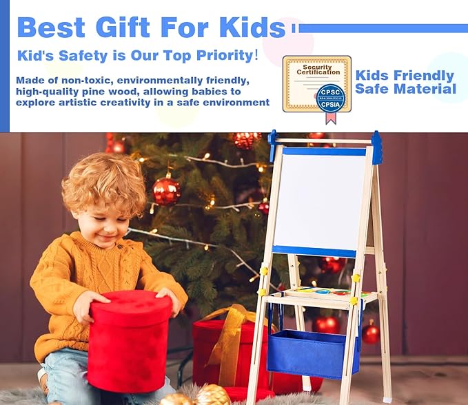 2-in-1 Double Sided Kid's Easel, Height-Adjustable Art Easel for Boys and Girls Ages 3-10, Including 100+ Accessories with Magnetic Chalkboard & Painting Board, Toddler Gifts