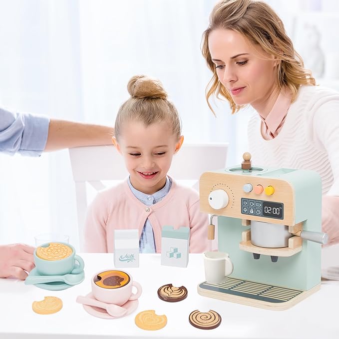 Kids Coffee Maker Playset, 23PCS Wooden Kitchen Toys, Play Kitchen Accessories for Toddler, Espresso Machine Playset Montessori Kitchen Toy, Gift for Boys and Girls 3 4 5 Years