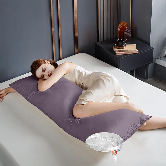 Goose Down Body Pillows for Adults, Large Body Pillow for Side Sleeper, Hugging Feather Body Pillow Insert, Cooling Full Length Long Pillow for Bed with 100% Organic Cotton Shell, 20"x54" Blackcurrant