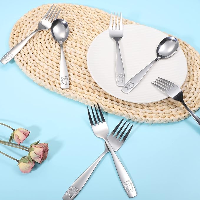 Pimoys 12 Pieces Kids Silverware Toddler Utensils Kids Forks and Spoons Set, Metal Toddler Cutlery Stainless Steel Childrens Flatware Set, Dishwasher Safe