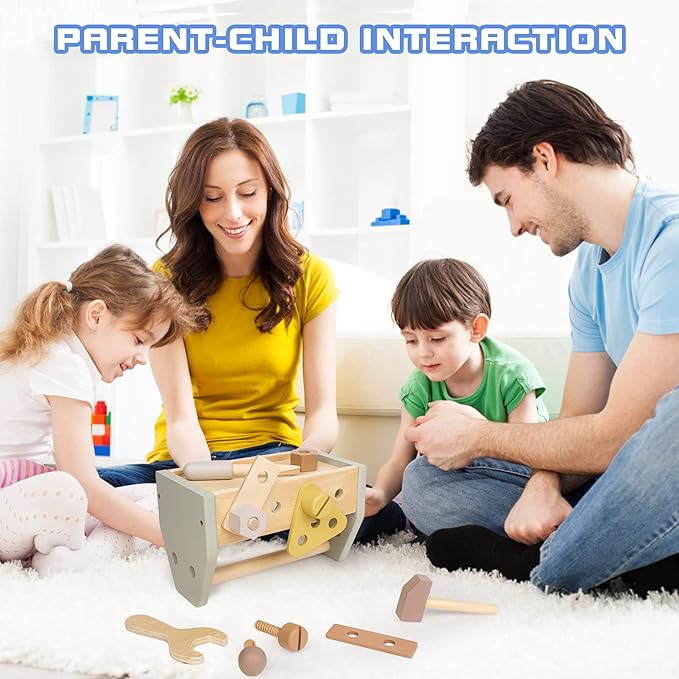 Montessori Wooden Tools Kit Toddler Educational Construction Kids Toys Sets Play Box Preschool Play Tool Wooden Construction Toy (Yellow)