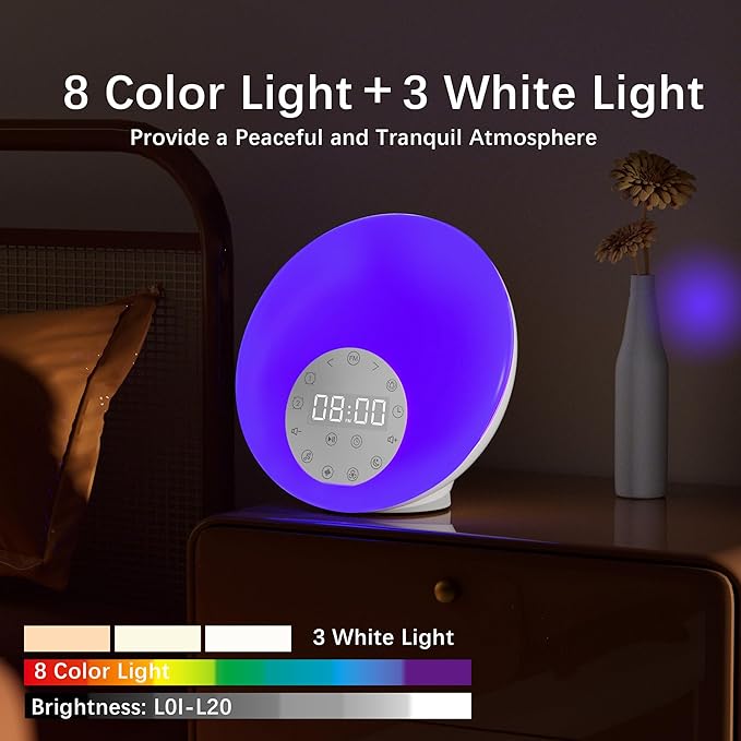 ANTDALIS Sunrise Alarm Clocks White Noise Sound Machine with 26 Soothing Sounds, 7 Night Lights, Wake Up Light Alarm Clock for Bedrooms, Heavy Sleepers, Baby, Kids, Dual Alarms, Sleep Timer, Snooze
