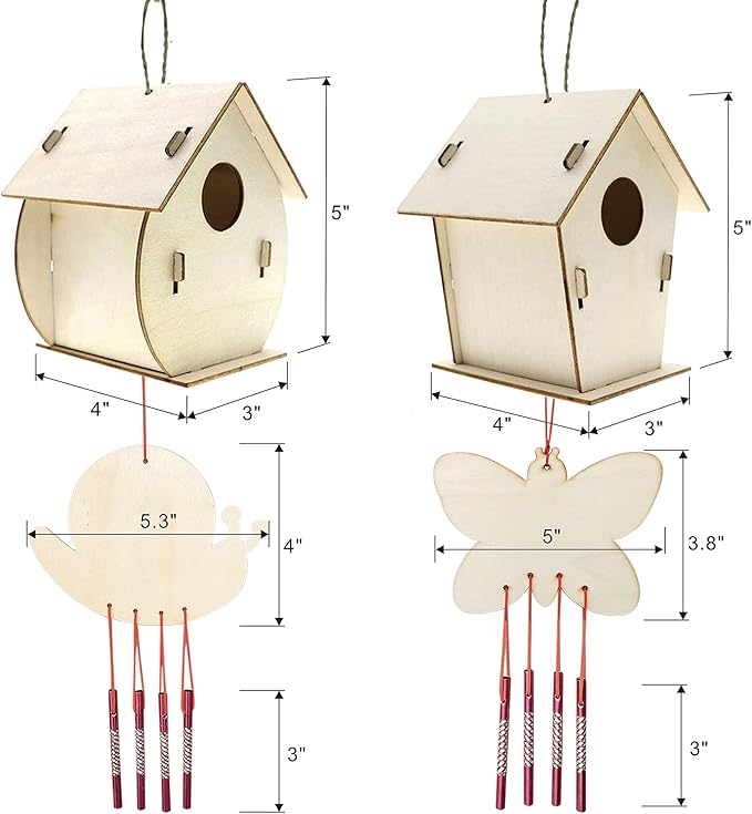 Arts and Crafts for Kids Ages 4-8 8-12, 2 Pack DIY Bird House Wind Chime Kids Crafts, Craft Kits for Girls Boys Toddlers 4-6 6-8, Painting Kits Includes Paints & Brushes