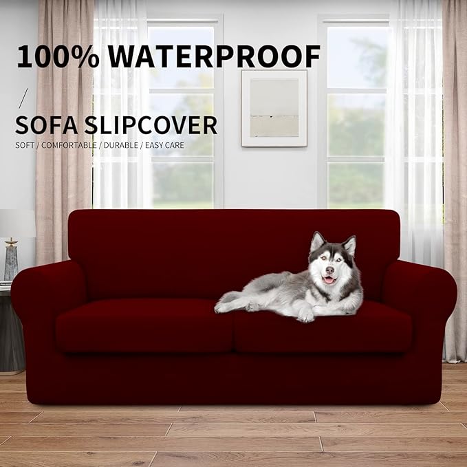 Easy-Going 100% Dual Waterproof Oversized Loveseat Cover Stretch Soft Couch Cover for Dogs, Sofa Slipcover for 2 Separate Cushion Couch Leakproof Furniture Protector for Kids, Pets Wine