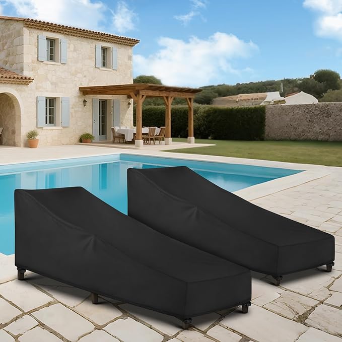 SunPatio Waterproof Outdoor Chaise Lounge Cover , 2 Pack Patio Lounge Chair Covers with Windproof Buckle Straps, UV & Rip & Fade Resistant, All Weather Protection, 80"L x 30"W x 26"H, Black