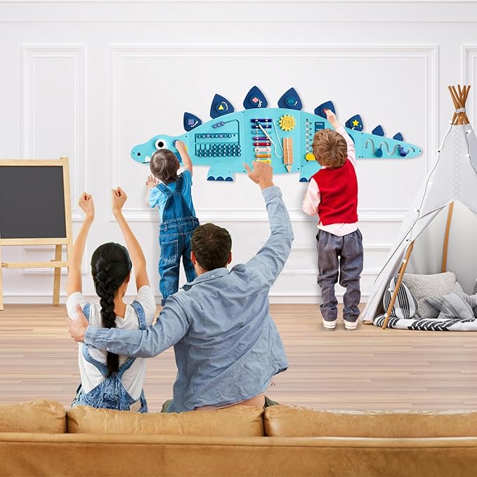 Beright Dinosaur Activity Wall Busy Board Panels, Montessori Sensory Toys, Toddler Learning Activity Center, Perfect for Toddler Playroom & Children's Daycare, Blue