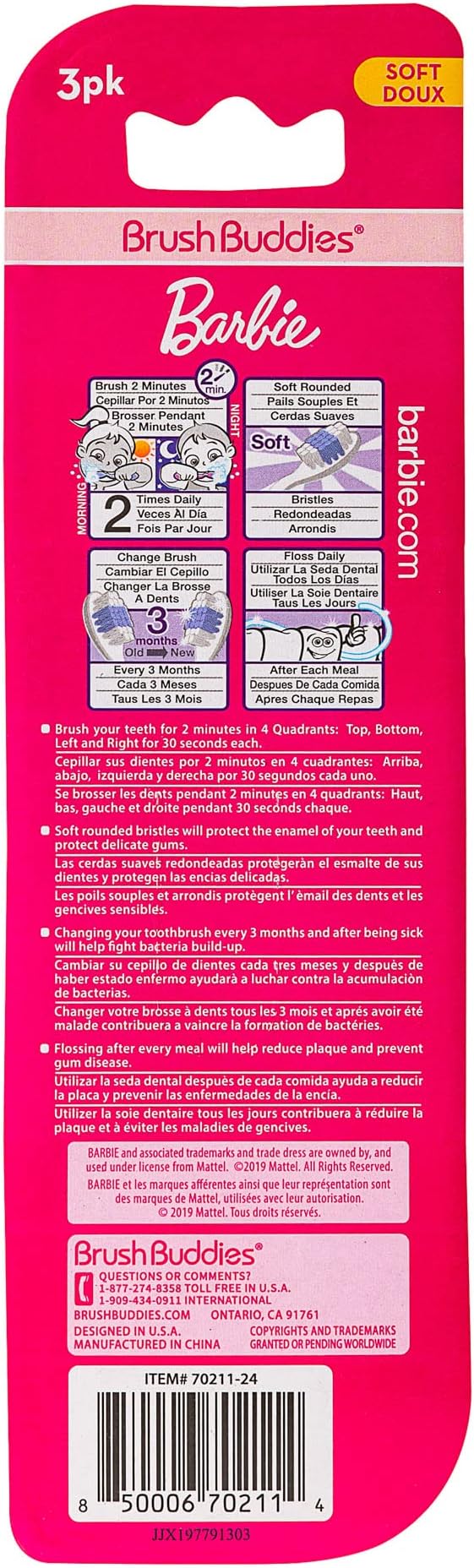 Brush Buddies Barbie Manual Soft Bristled Toothbrush for Kids, Multi-Colored & Fun Toddler Toothbrush, Anti-Slip Grip Handle, Kids Travel Toothbrush, 3 Pack