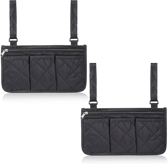 Noverlife 2 Pack Lengthened Wheelchair Side Organizer Bags, Detachable Band Wheelchair Armrest Storage Pouch for Walker, Rollator Bag Wheelchair Pouch Side Pocket Storage Bag for Electric Wheelchairs