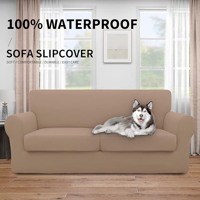 Easy-Going 100% Dual Waterproof Oversized Loveseat Cover Stretch Soft Couch Cover for Dogs, Sofa Slipcover for 2 Separate Cushion Couch Leakproof Furniture Protector for Kids, Pets Camel