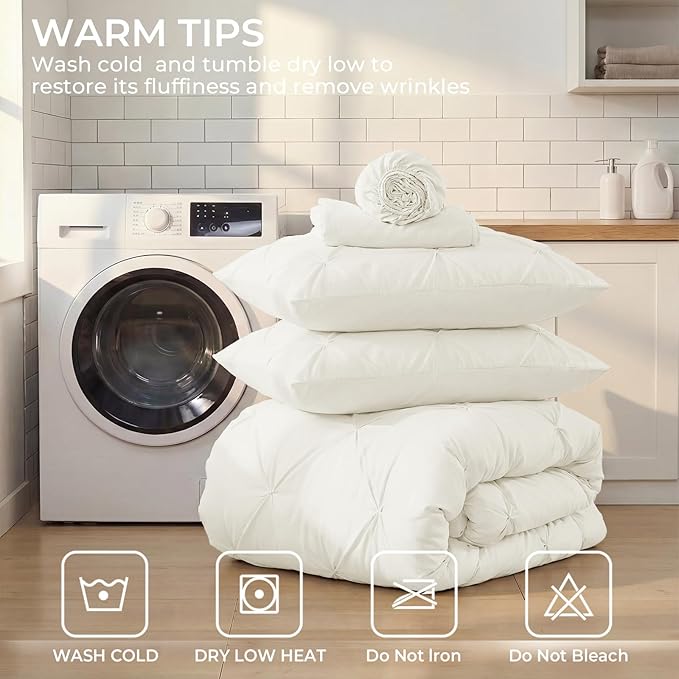 Sasttie Twin XL Comforter Set, 5-Piece Bed in a Bag, Pintuck Bedding Sets for All Season, Includes Comforter, Flat Sheet, Fitted Sheet, Pillowcase and Pillowsham, Ivory