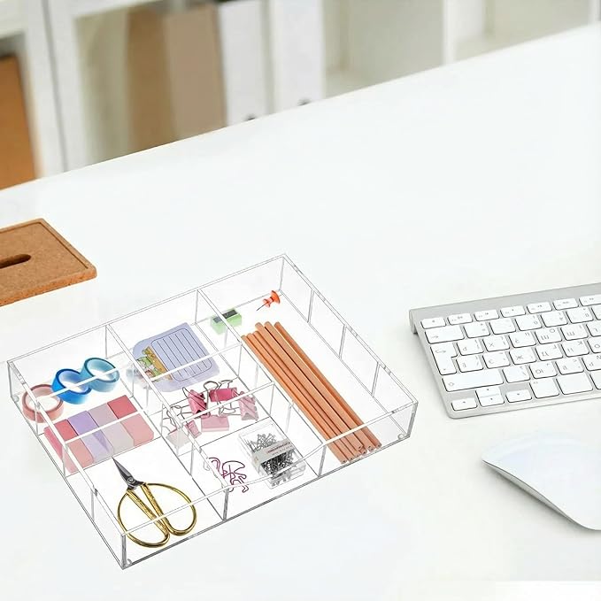 Briwooody Acrylic Drawer Organizer Clear Desk Drawer Organizer Trays with Adjustable Compartments Desk Accessories for Office Stationery Makeup Silverware Bathroom (Non Expandable)