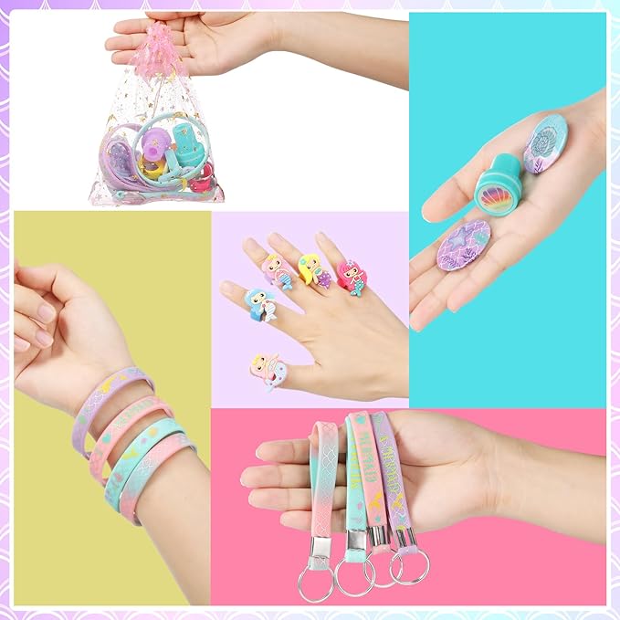 Capoda 122 Pcs Mermaid Party Favors for Girls Mermaid Theme Bracelets Keychains Pin Badges Stampers Rings Stickers Organza Bags for Piñata Stuffers Goodie Bag Fillers Birthday Decorations Supplies