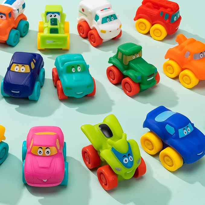JOYIN Cartoon Cars, Soft Rubber Toy Car Set, Mini Vehicles, Bath Toy Car for Toddlers, Gift for Boys and Girls Christmas Birthday, Summer Beach and Pool Activity, Party Favors for Kids