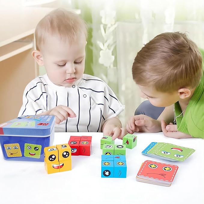 Face Changing Building Blocks Game, Wooden Expression of Face Change Magic Cube Educational Puzzles Toy Fidget Toys Cube Mini Board Game for Kids and Adults with 72 Cards (Large)