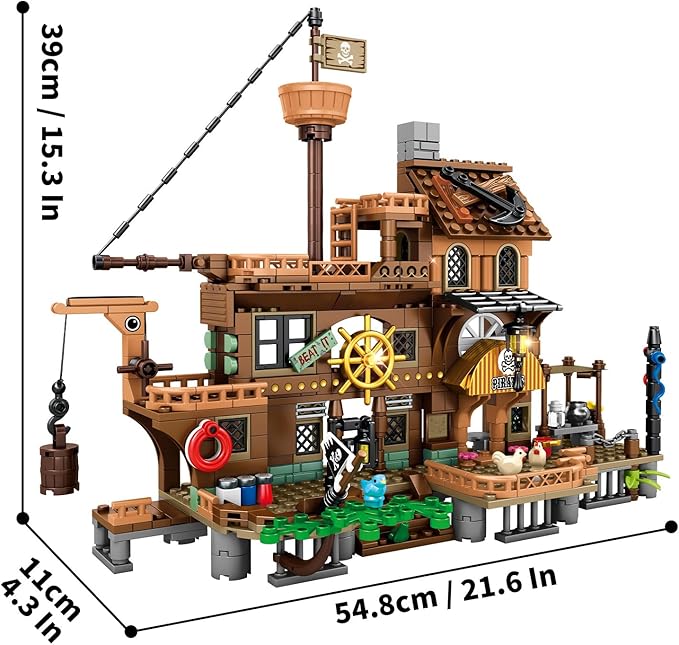 RiceBlock Pirate Ship Building Toys, Pirate Wharf Themed City Store Building Bricks Sets for Boys Age 8-12, 573 Pieces, Ideal for New Year 2024