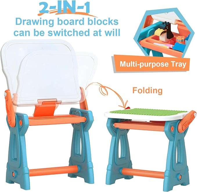 Kids Art Easel with Stool,2-in-1 Double-Sided Kids White Board Easel and Building Block Activity Table-Includes 88 Building Blocks, Art Easel for Kids 3-5, Toys for Toddlers, Boys and Girls