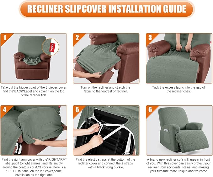 VANSOFY Recliner Cover, 3-Pieces Stretch Reclining Couch Covers with Pockets Reclining Sofa Slipcovers 3 Seater Soft Washable Furniture Protector for Dogs Cats(Bean Green)