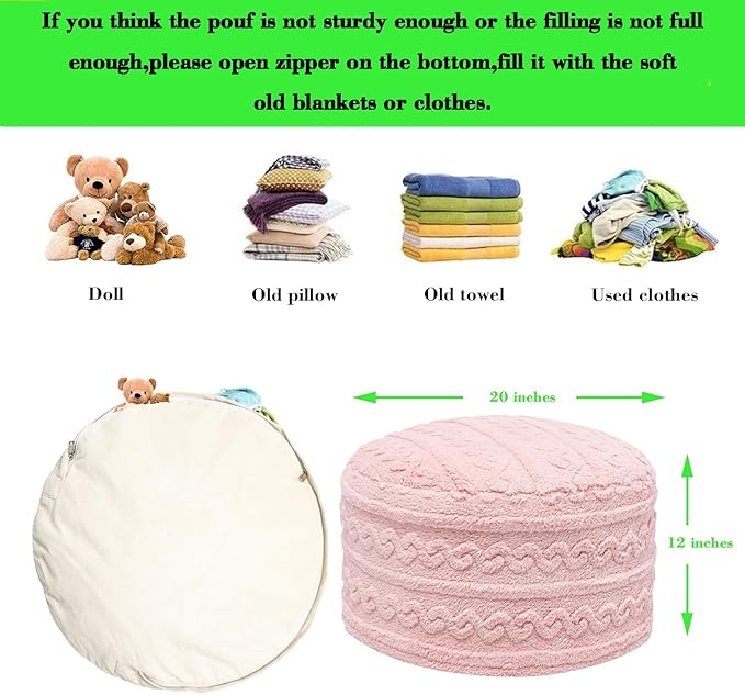 Pouf Ottoman Stuffed 20x20x12 Inches Floor Pouf Plush Fiber Ottoman Foot Rest Under Desk Foot Stool for Living Room Bedroom (Pink Pouf with Filler)
