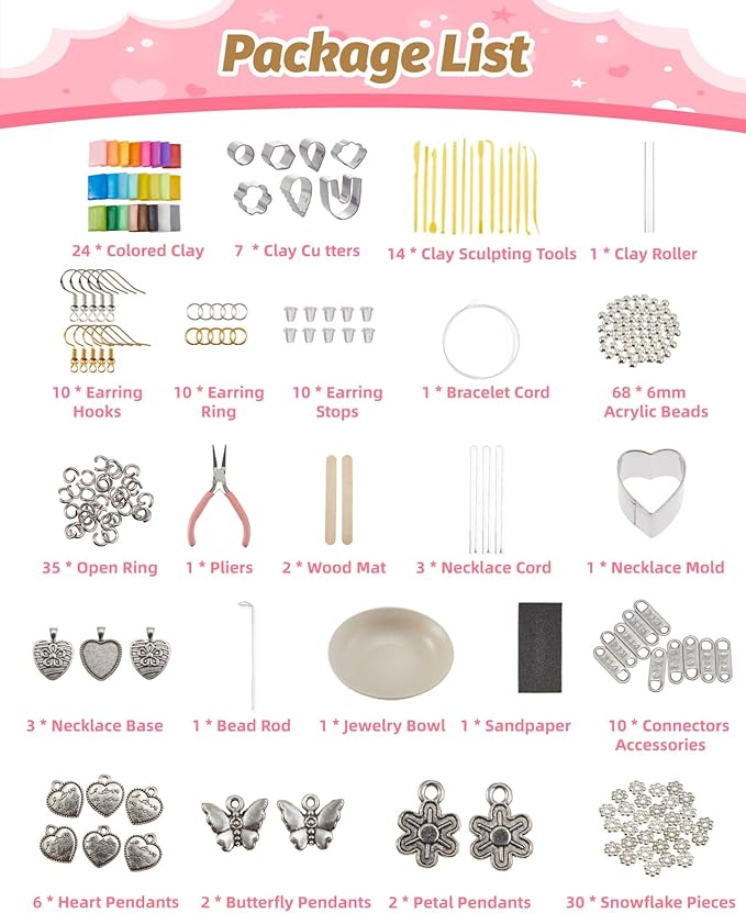 DIY Make Your Own Clay Jewelry Dish Craft Kit for Girls - Jewelry Dish Making Kit, w/24 Color Polymer Clay, 7 Circle Cutters, Rollers,212 pcs Earring Making Tools Arts and Crafts for Kids Ages 8+