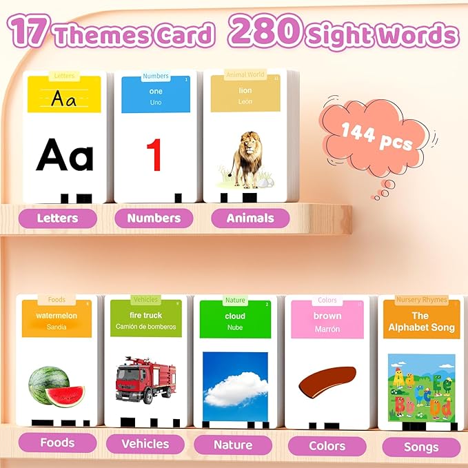 Toddlers Bilingual Spanish & English Talking Flash Cards with 288 Sight Words, Speech Therapy Toys for 3 4 5 6 Years Old Boys and Girls, Learning Educational Kids Gifts (Pink)