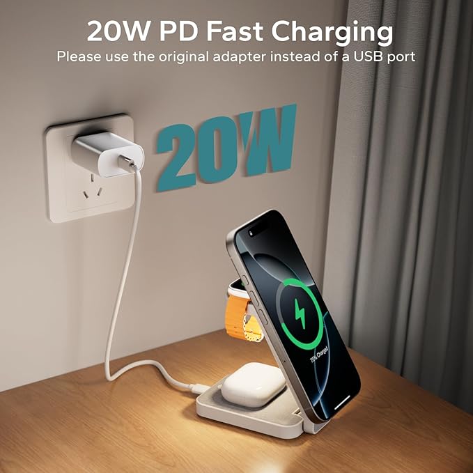 3 in 1 Foldable Wireless Travel Charging Station for MagSafe, Nightstand Magnetic Charger Stand for iPhone 17 16 15 14 Pro Max, Charging Dock with Night Light for Apple Watch/AirPods (White)