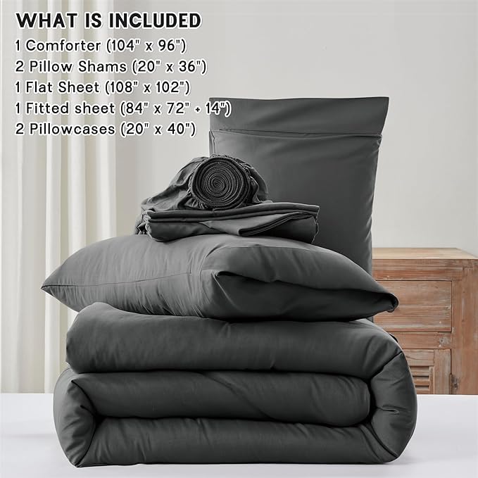 Anluoer Dark Grey California King Comforter Set 7 Pieces, Bed in a Bag with Sheets, All Season Bedding Sets with 1 Comforter, 2 Pillow Shams, 2 Pillowcases, 1 Flat Sheet, 1 Fitted Sheet