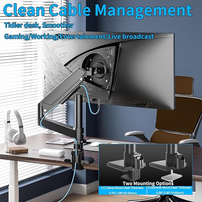 GUZHIKU Monitor Arm for 17 to 60 inch, Hold 44 lbs, Fully Adjustable Heavy Duty Desk Mount, Monitor Stand Fit 57 55 49", Ultrawide Monitors Bracket Clamp/Grommet Base VESA 75x75/100x100, Black,H9B