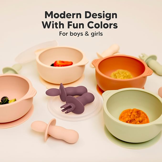 KeaBabies 4-Pack Silicone Baby Spoons and Forks Set - Baby Spoon Self Feeding, BLW Baby Utensils 6-12 Months, Baby Led Weaning Feeding Spoon, Teething Infant Baby First Food Training Pre Spoon (Rocky)