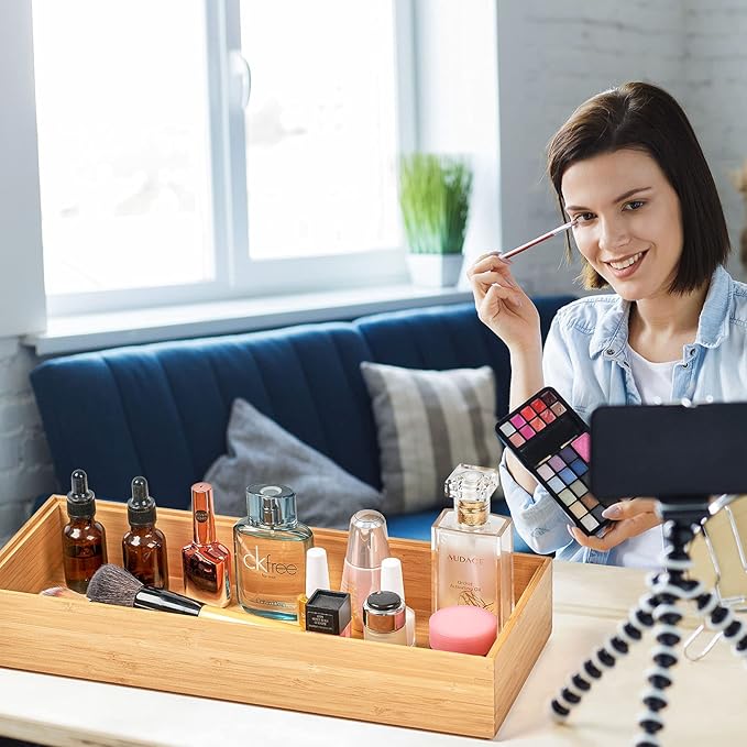 Umilife Bamboo Kitchen Drawer Organizer Boxes with Anti-Skid Silicone Feet, 2pcs Stackable Storage Bins for Kitchen Utensils & Silverware & Desk Drawer & Makeup, Tools Holder, 15”L x 6”W x 2.5”D Each